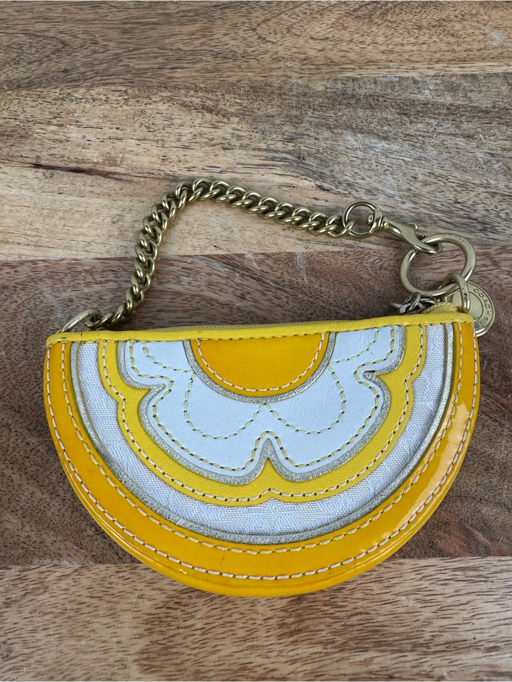 Coach Flower Coin Purse Wristlet Yellow Y2K Patent Leather Zip Pouch Keychain